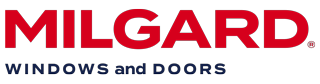 Logo of milgard windows and doors featuring the word "milgard" in large red letters with "windows and doors" in smaller black letters below.