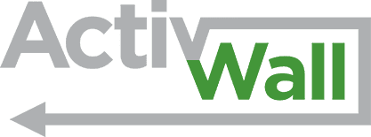 Green and white logo of "activwall" with an arrow pointing left, underlined with a distinguished modern style.