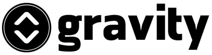 Logo of gravity, featuring a black circular emblem with a white chevron symbol above the stylized lowercase word "gravity" in black.